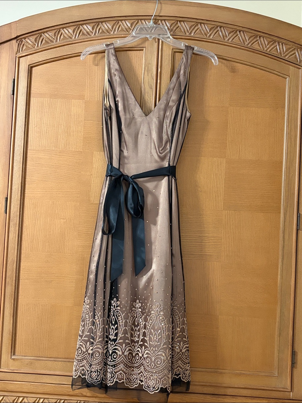 BronzeBrown Midi Dress with Black Satin Waist Tie